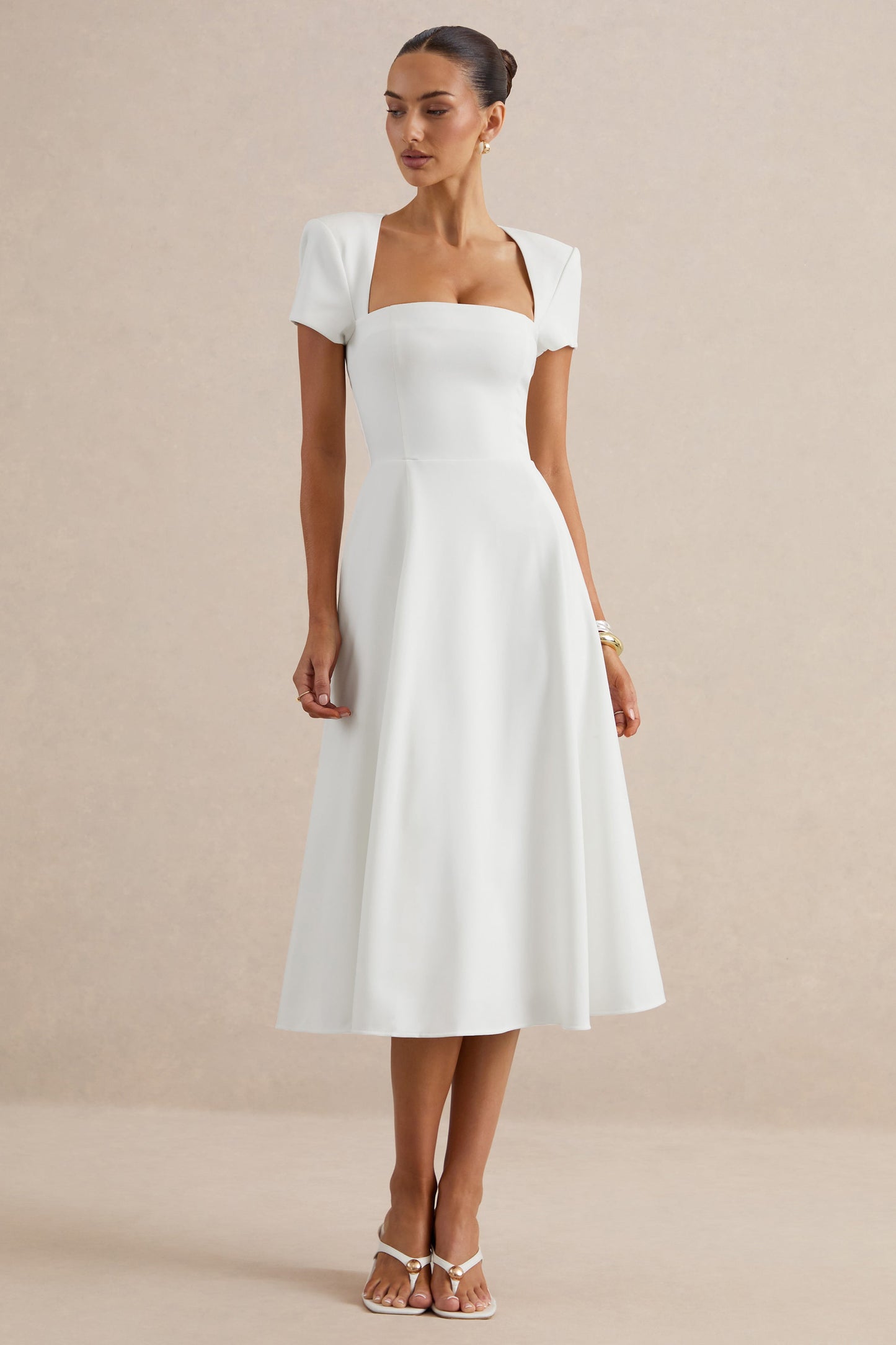 Donia | White Square-Neck Midi Skater Dress