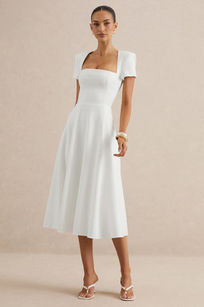 Donia | White Square-Neck Midi Skater Dress