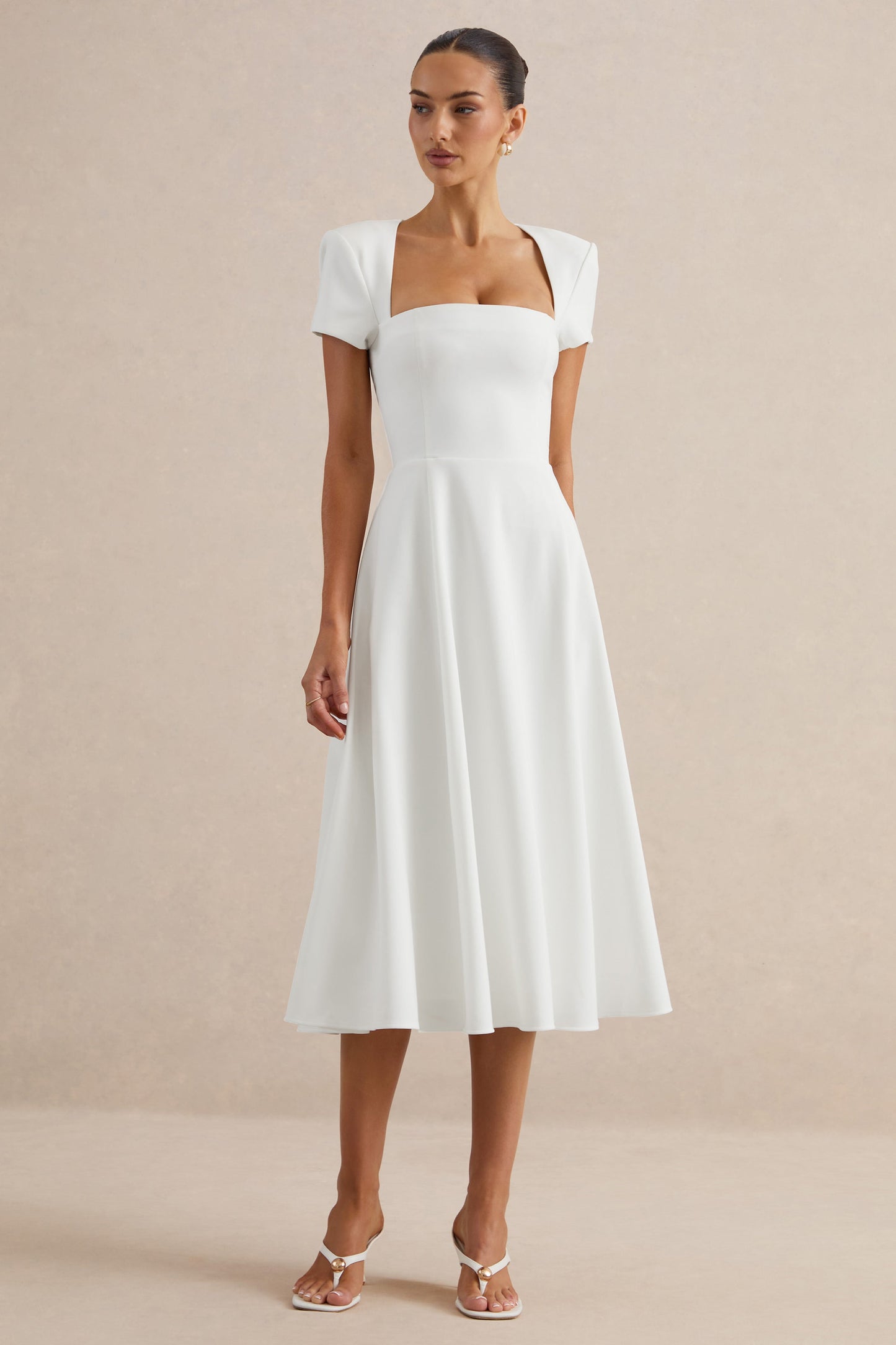 Donia | White Square-Neck Midi Skater Dress