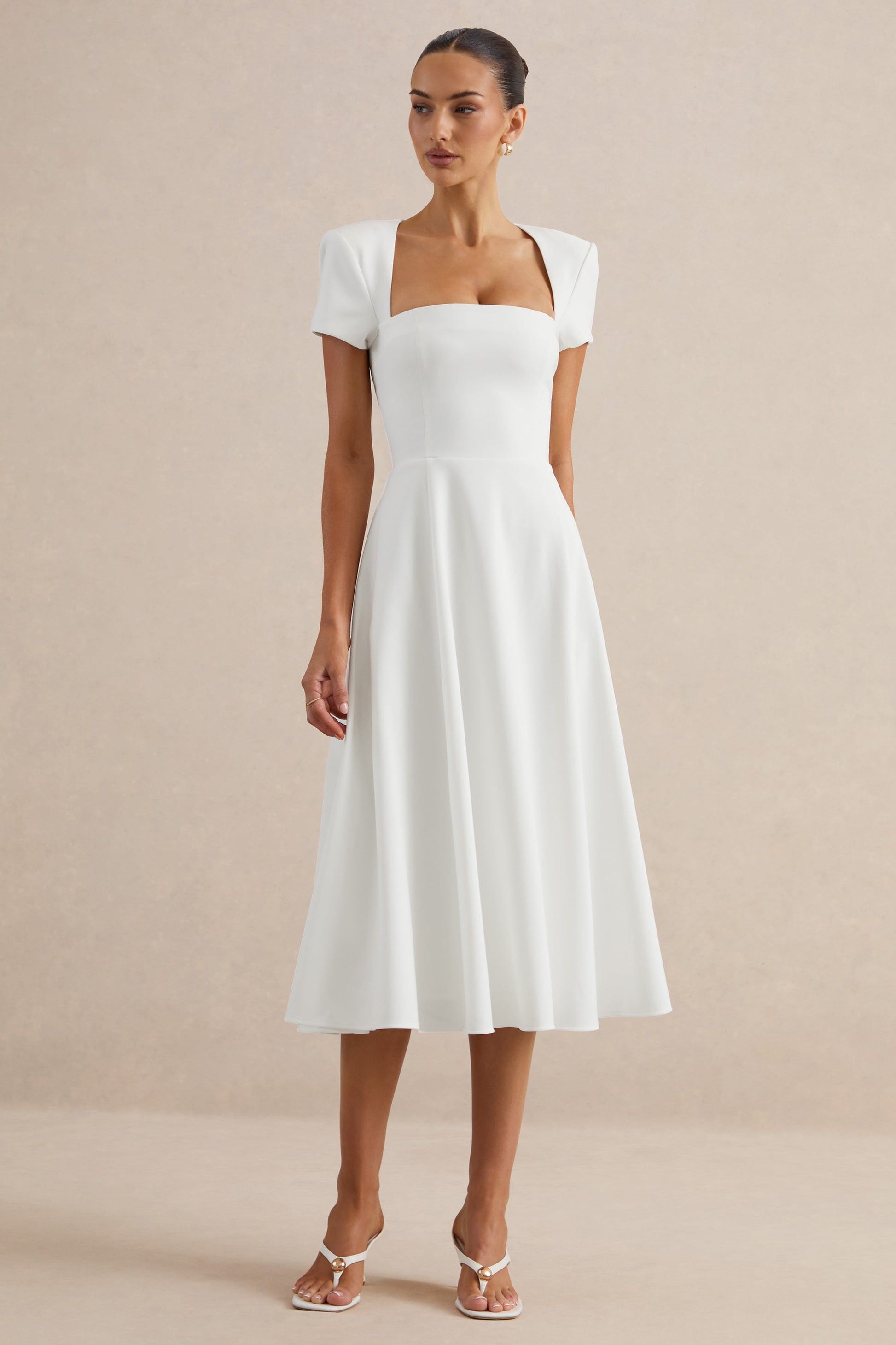 Donia | White Square-Neck Midi Skater Dress