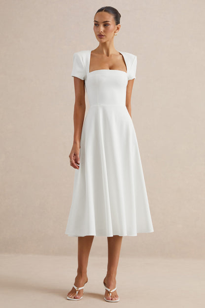 Donia | White Square-Neck Midi Skater Dress