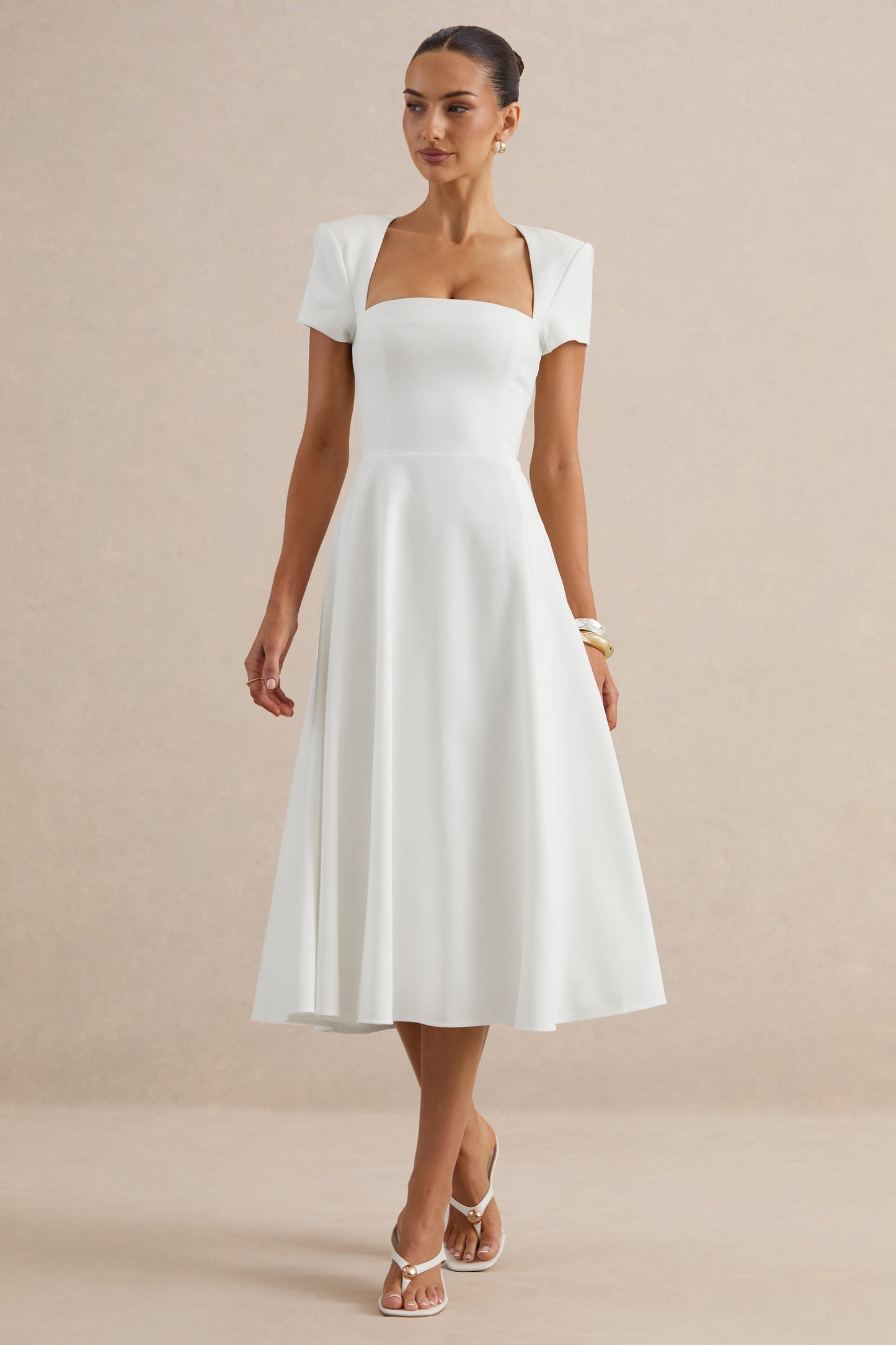 Donia | White Square-Neck Midi Skater Dress