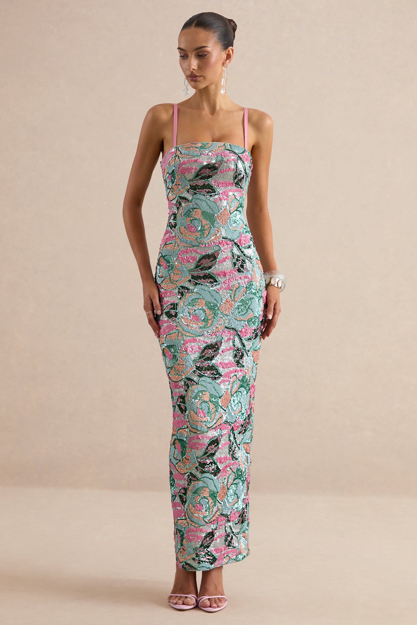 Xandra | Light Blue Floral Print Sequin Bandeau-Neck Maxi Dress