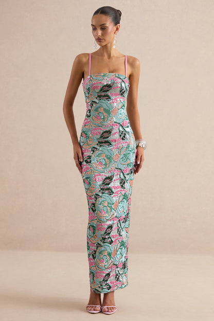 Xandra | Light Blue Floral Print Sequin Bandeau-Neck Maxi Dress