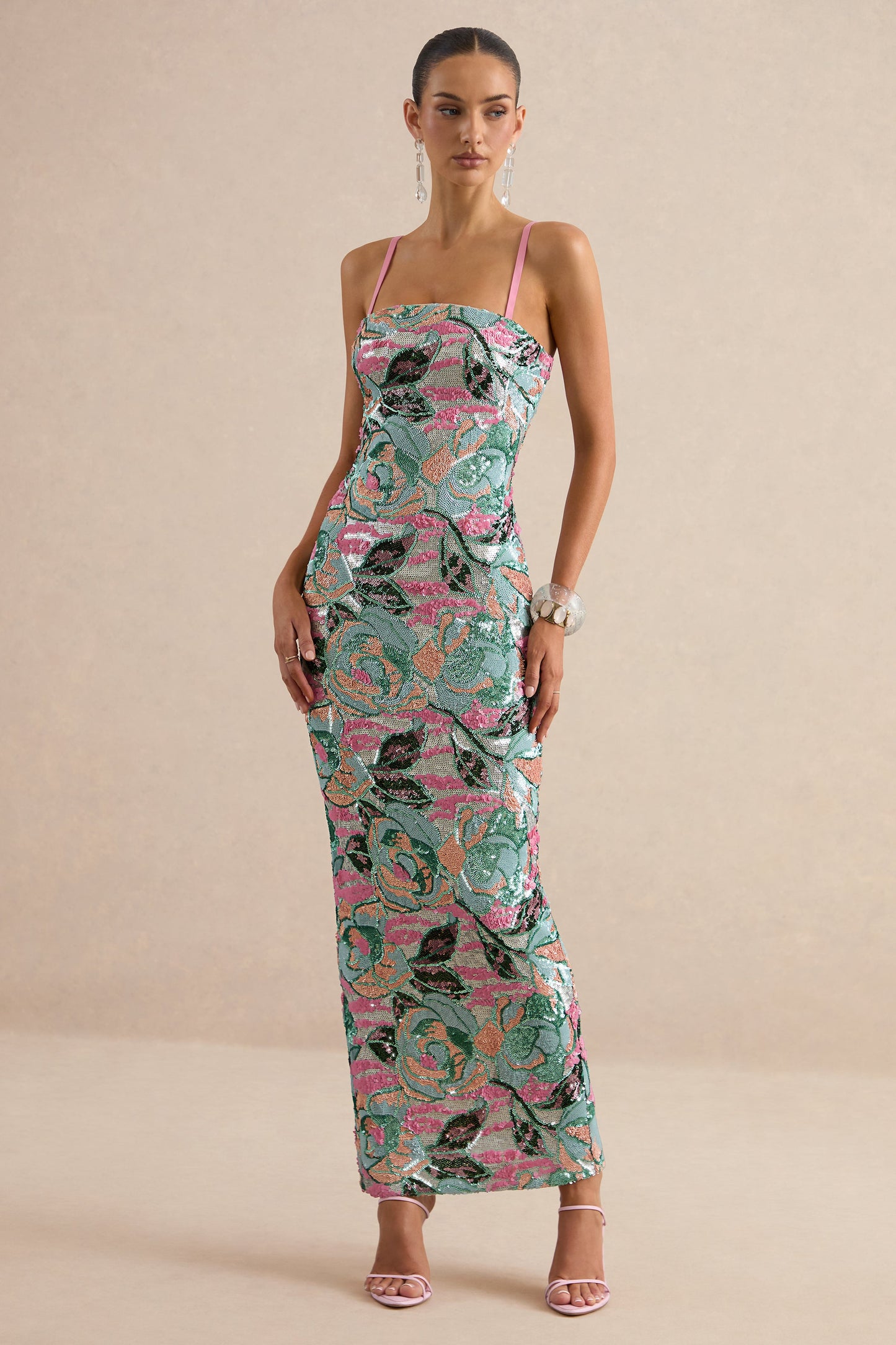 Xandra | Light Blue Floral Print Sequin Bandeau-Neck Maxi Dress