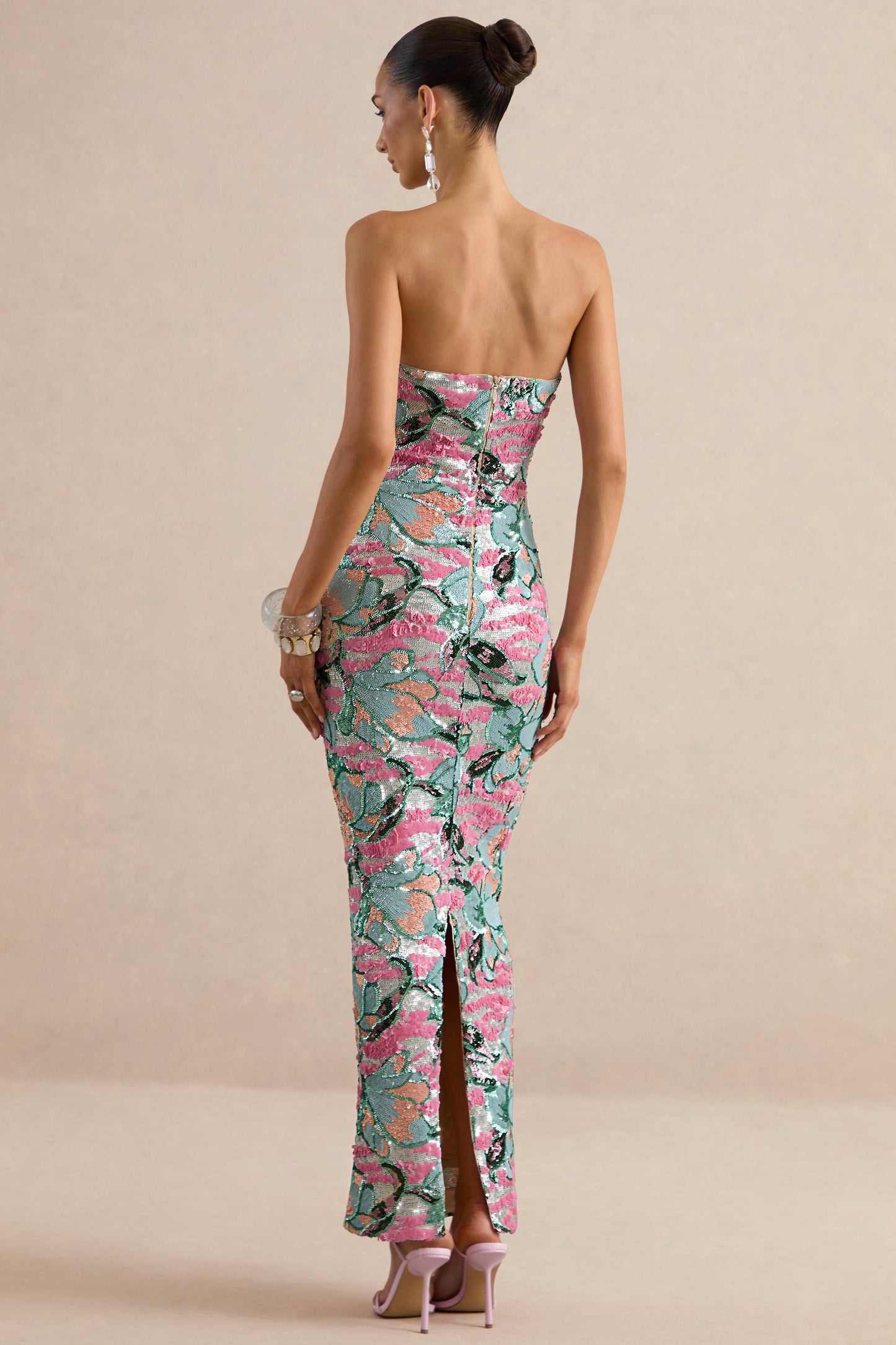 Xandra | Light Blue Floral Print Sequin Bandeau-Neck Maxi Dress