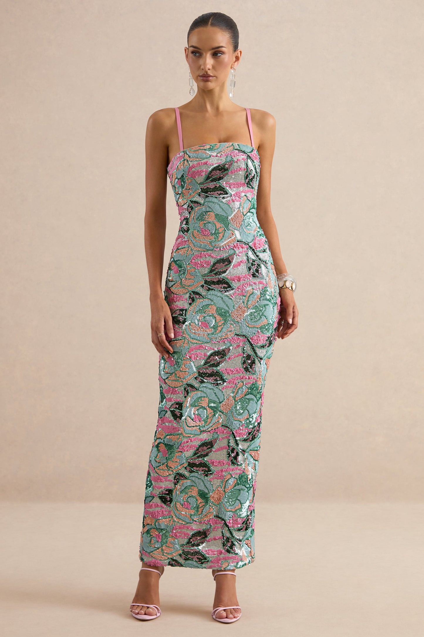 Xandra | Light Blue Floral Print Sequin Bandeau-Neck Maxi Dress
