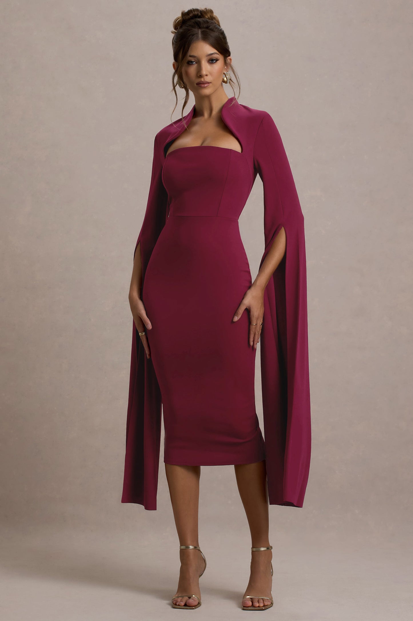 Linden | Berry Fitted Cape-Sleeve Midi Dress