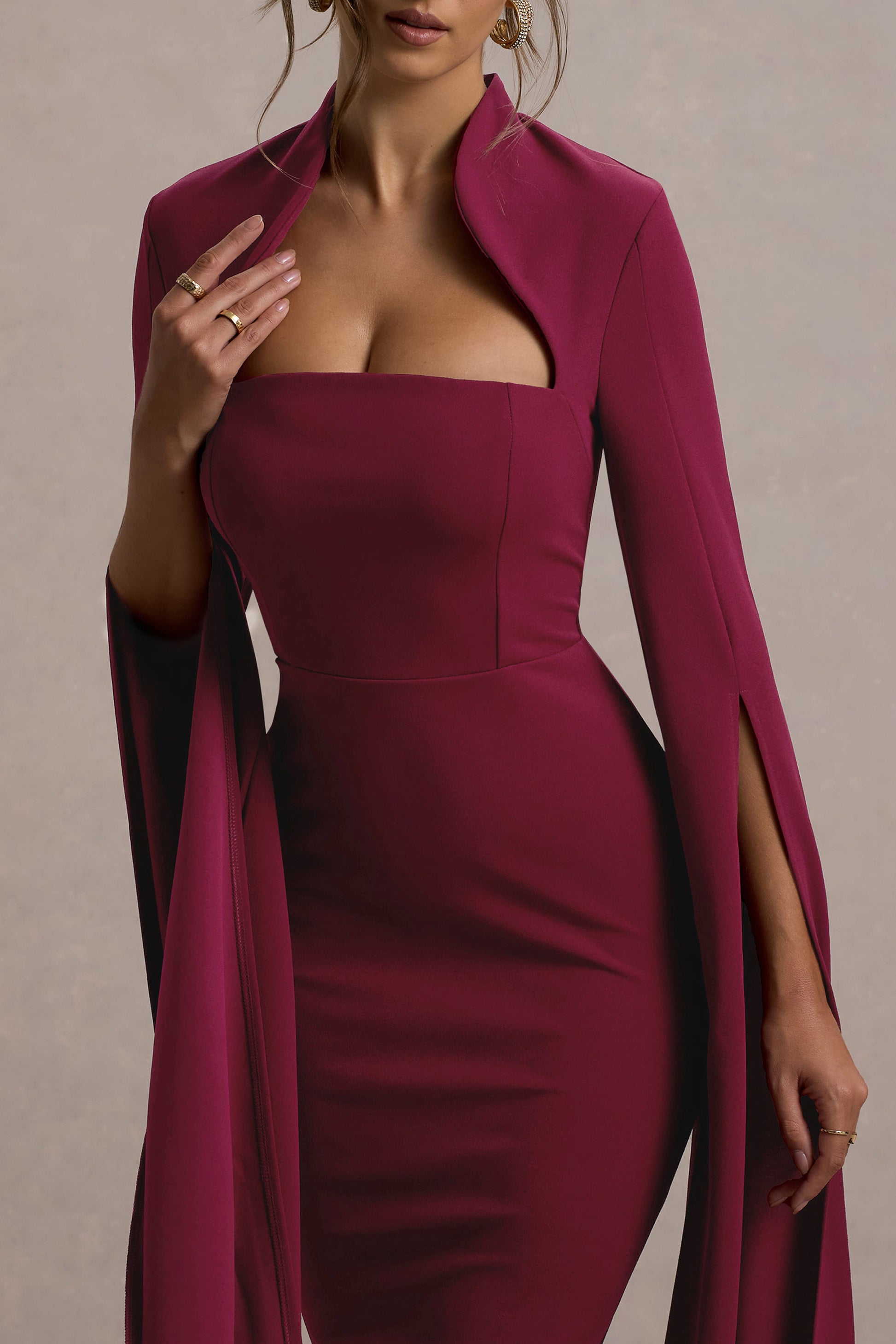 Linden | Berry Fitted Cape-Sleeve Midi Dress