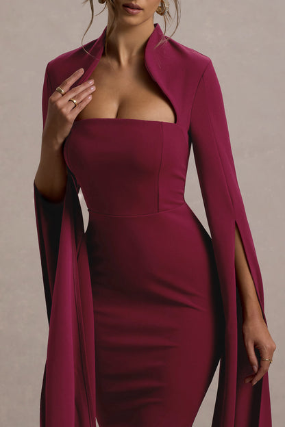 Linden | Berry Fitted Cape-Sleeve Midi Dress