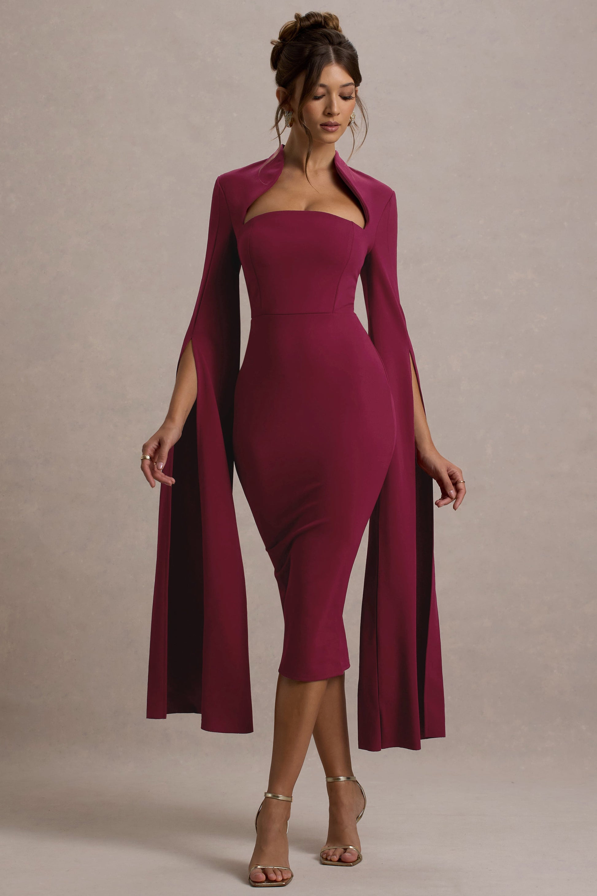 Linden | Berry Fitted Cape-Sleeve Midi Dress