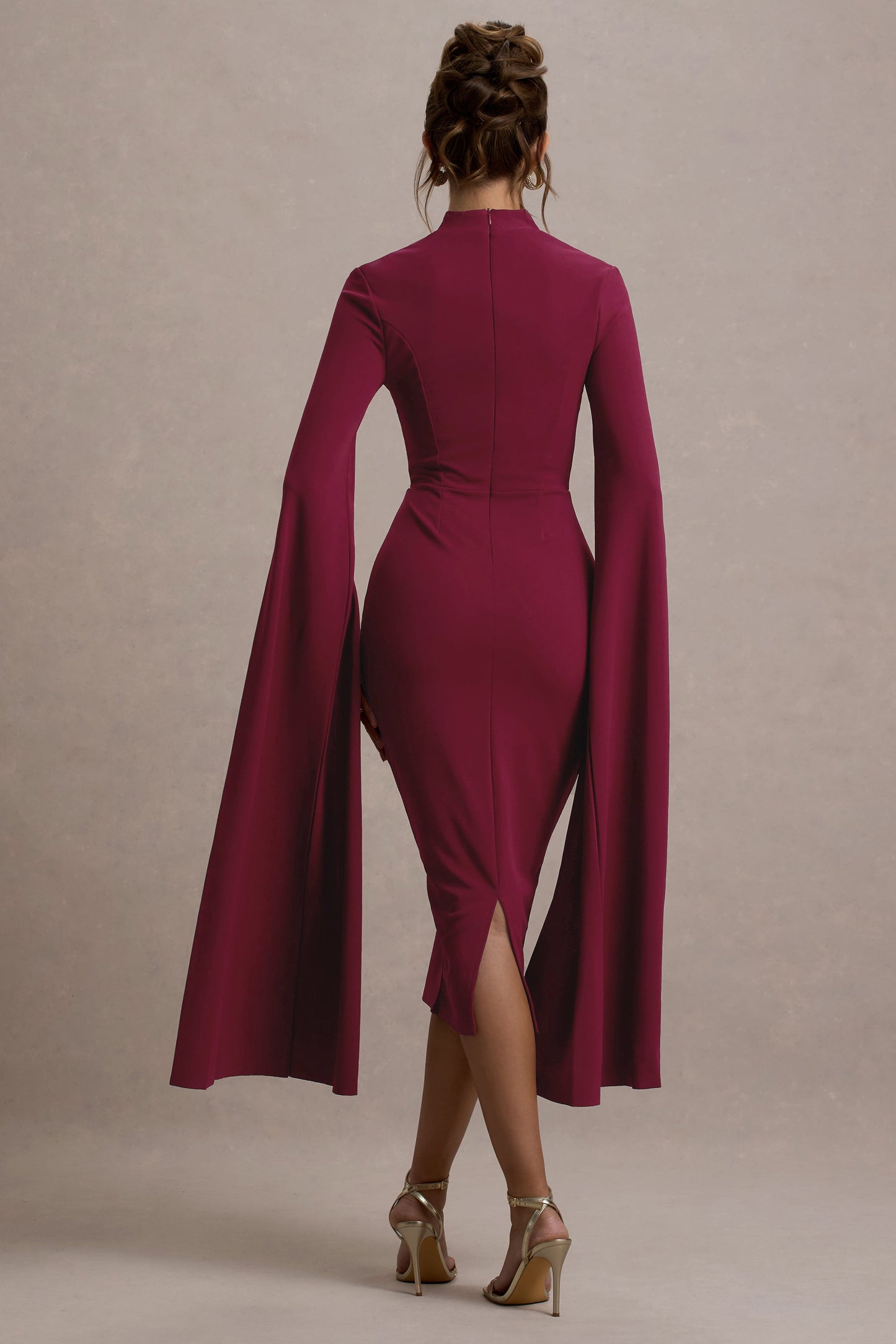 Linden | Berry Fitted Cape-Sleeve Midi Dress