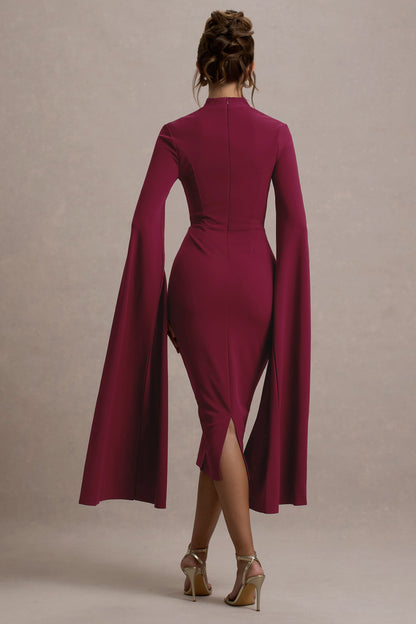 Linden | Berry Fitted Cape-Sleeve Midi Dress