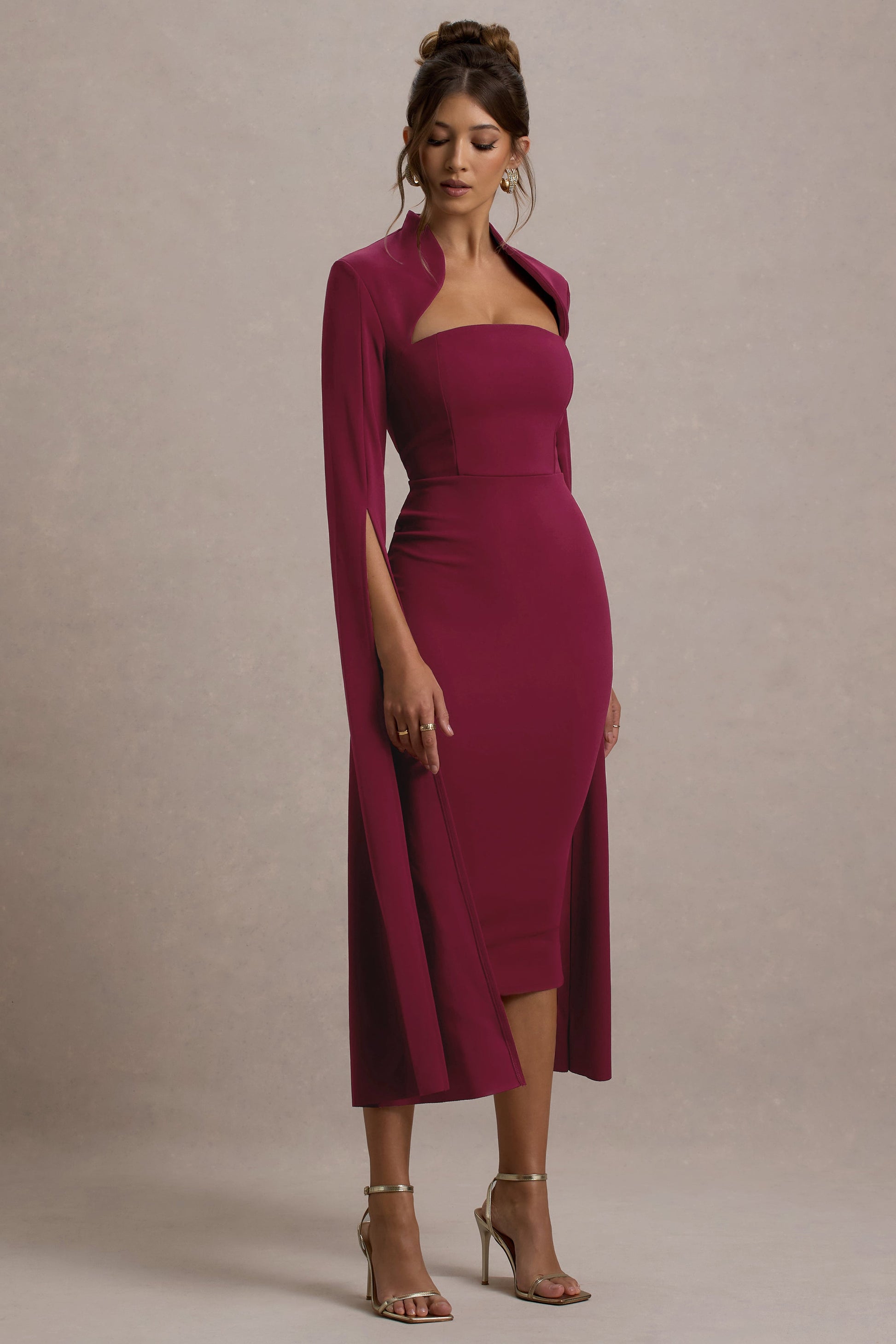 Linden | Berry Fitted Cape-Sleeve Midi Dress