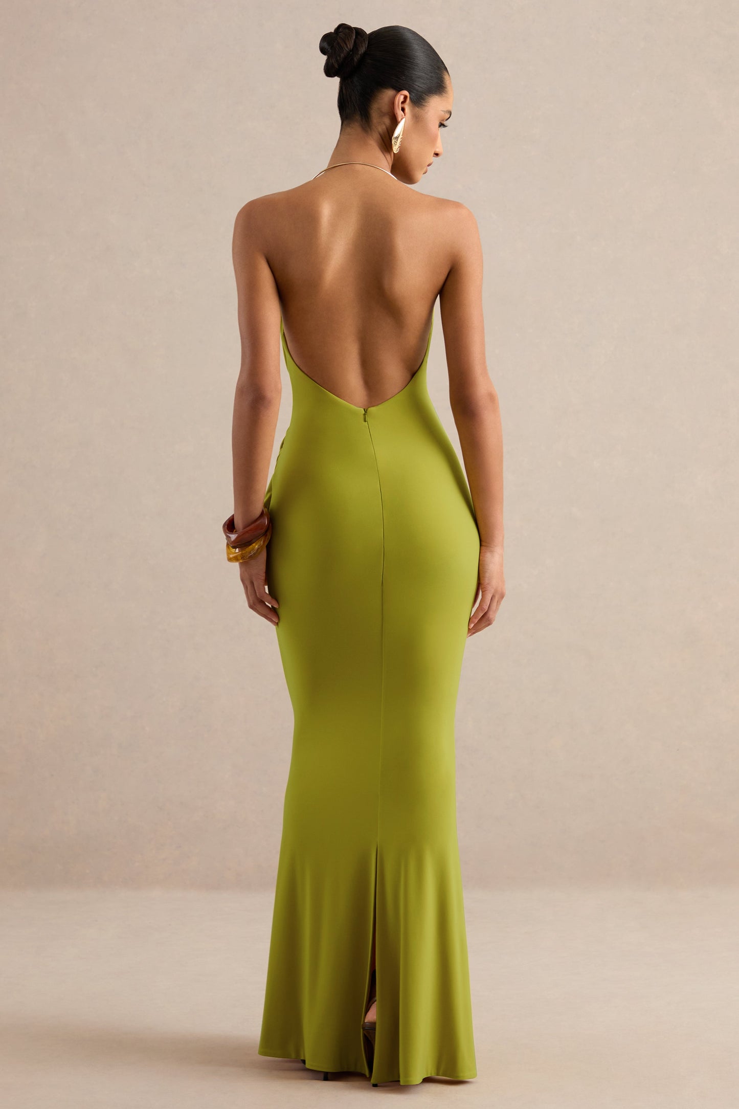 Dinara | Olive Halter-Neck Maxi Dress With Draped Detailing And Gold Detail