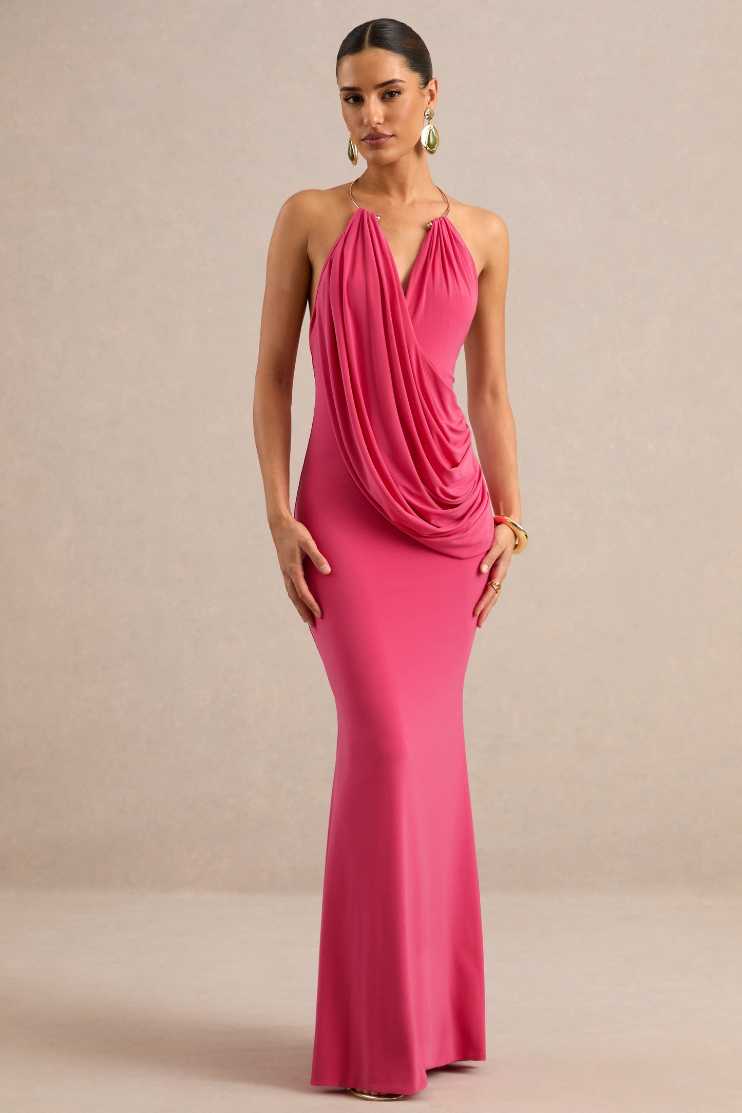 Dinara | Coral Halter-Neck Maxi Dress With Draped Detailing And Gold Detail