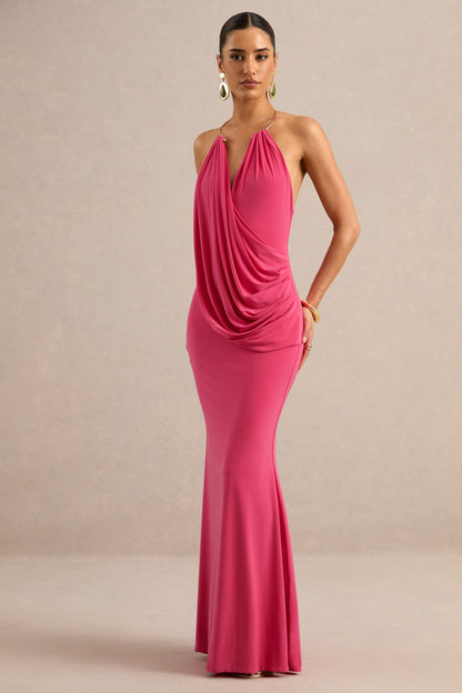 Dinara | Coral Halter-Neck Maxi Dress With Draped Detailing And Gold Detail