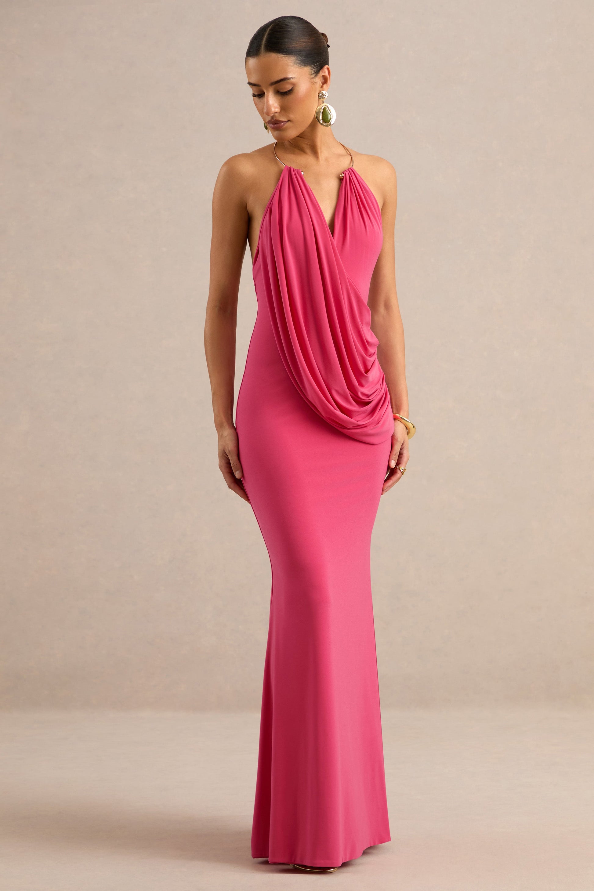 Dinara | Coral Halter-Neck Maxi Dress With Draped Detailing And Gold Detail