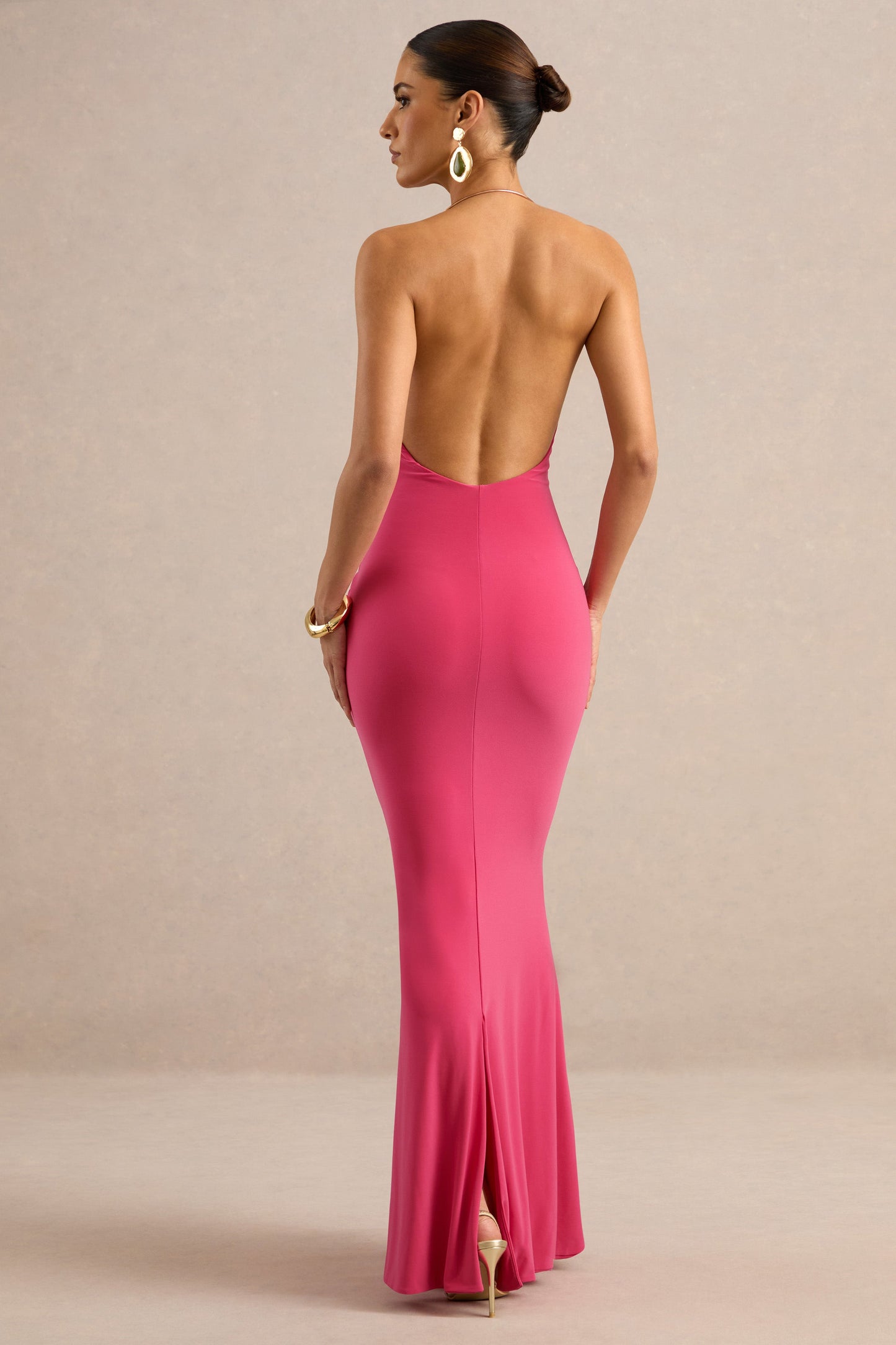 Dinara | Coral Halter-Neck Maxi Dress With Draped Detailing And Gold Detail