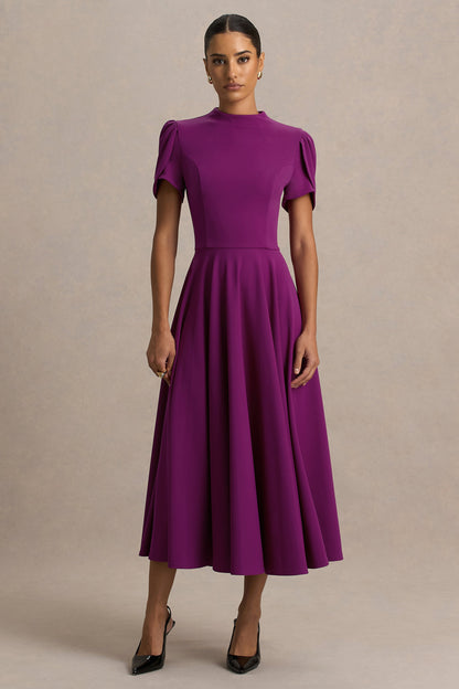 Vicky | Plum High Neck Midi Dress With Puff Sleeves
