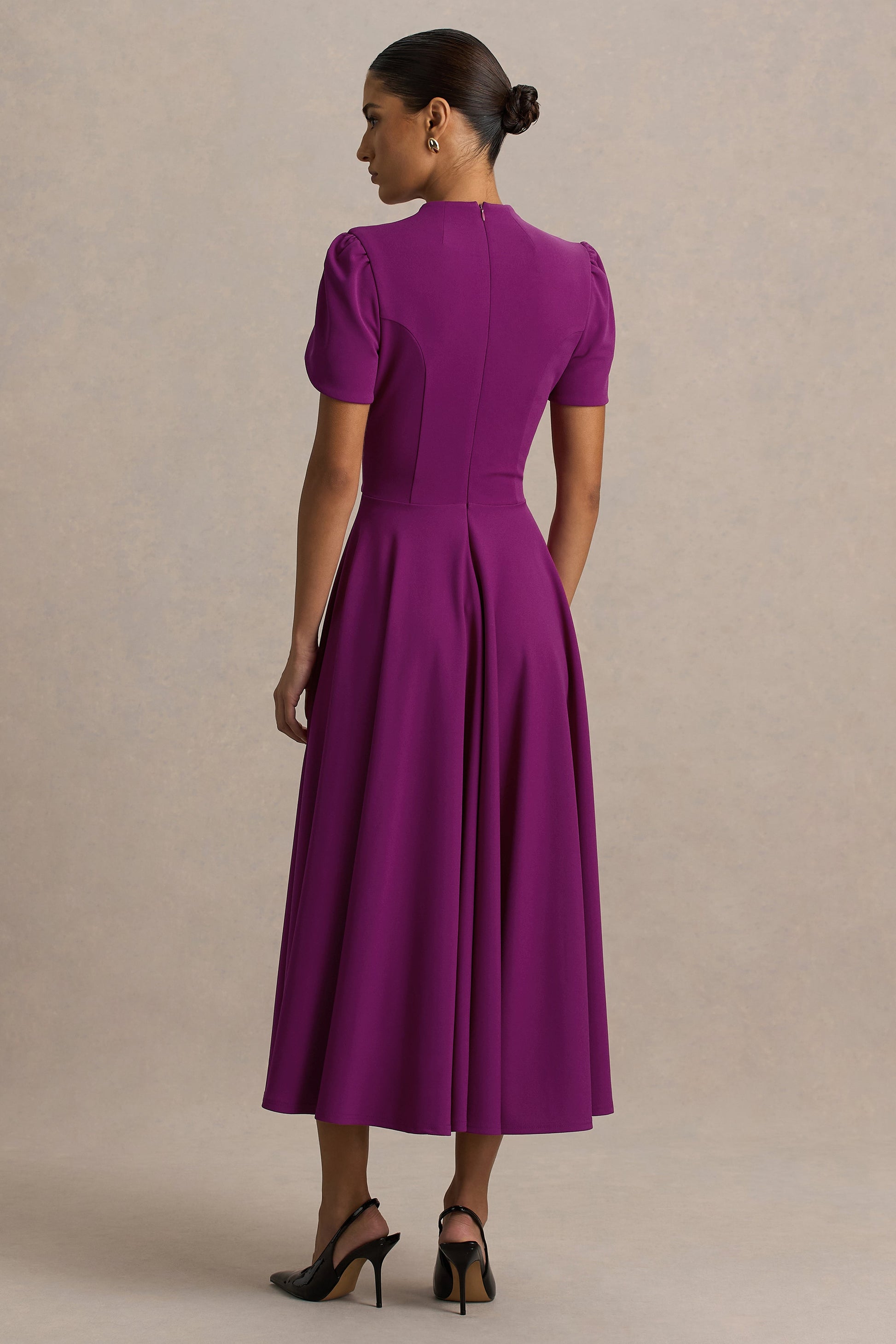 Vicky | Plum High Neck Midi Dress With Puff Sleeves