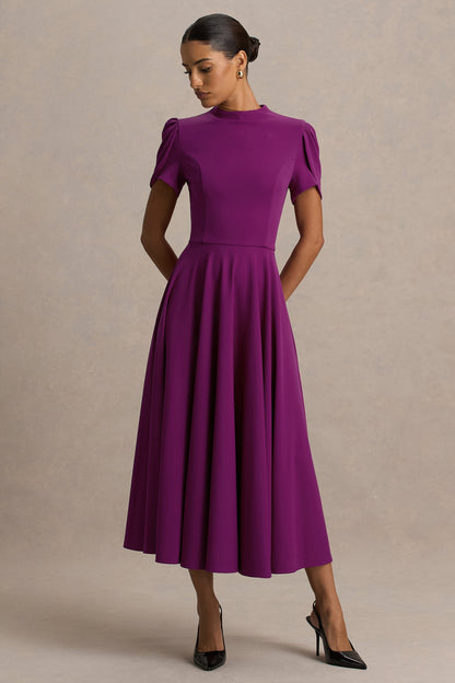 Vicky | Plum High Neck Midi Dress With Puff Sleeves