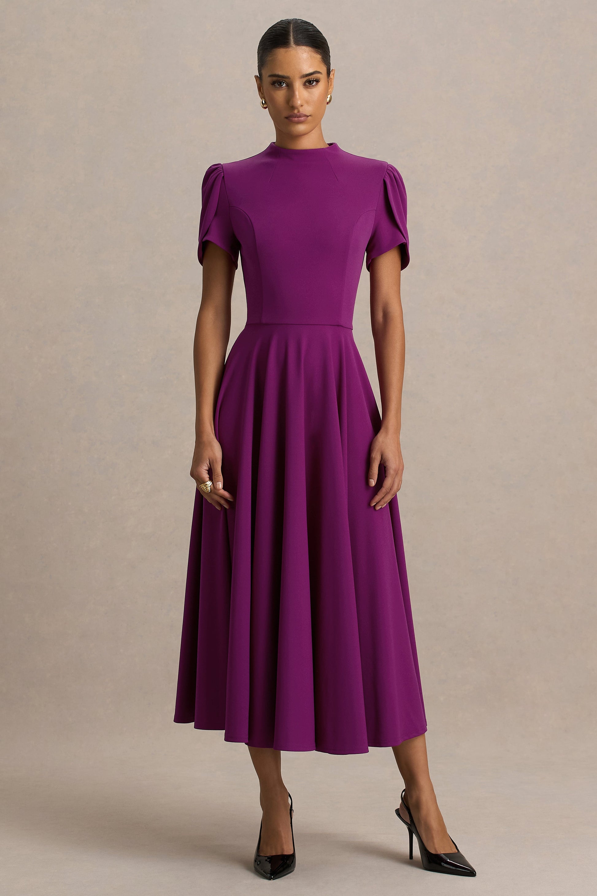 Vicky | Plum High Neck Midi Dress With Puff Sleeves