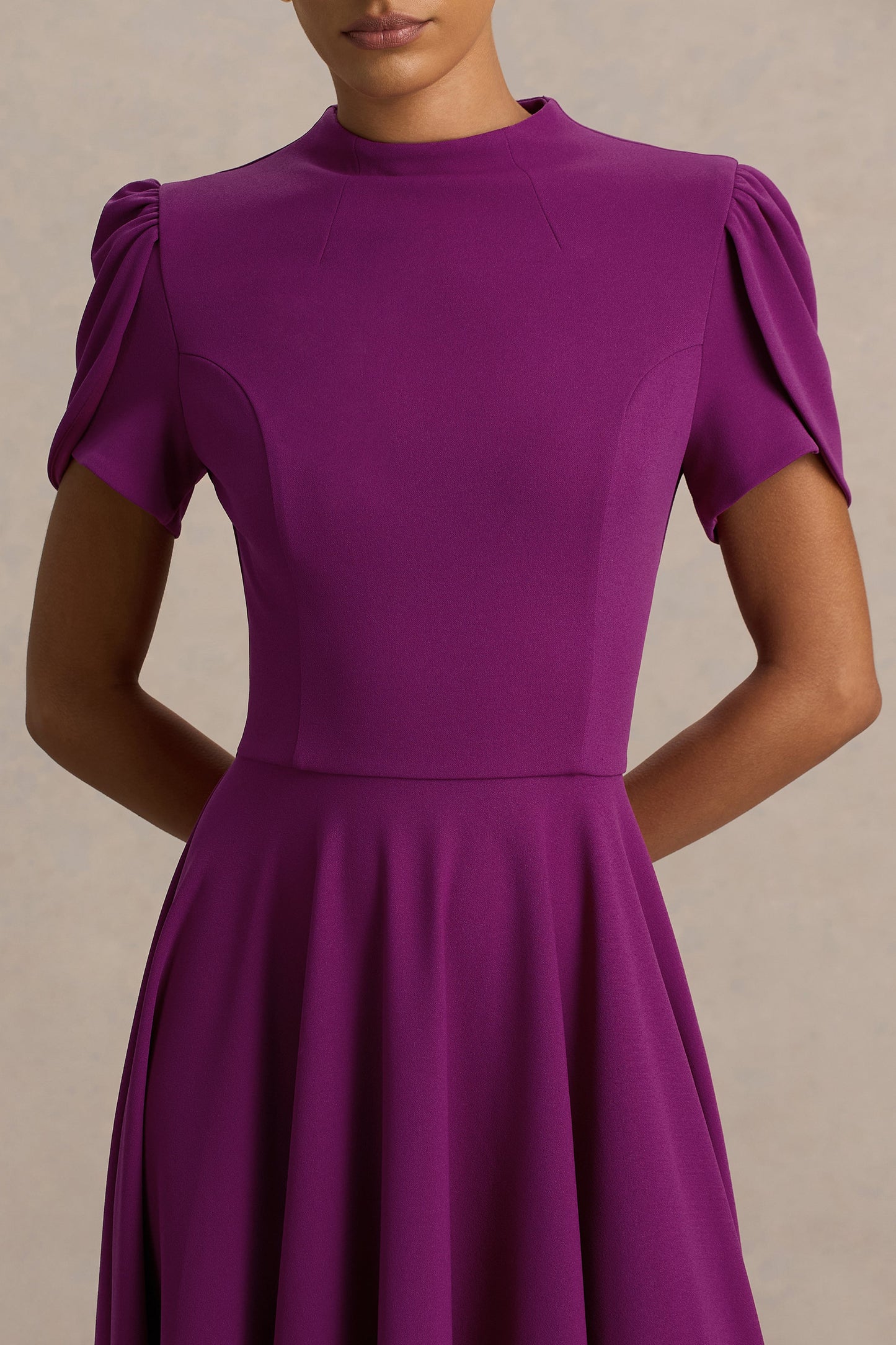 Vicky | Plum High Neck Midi Dress With Puff Sleeves