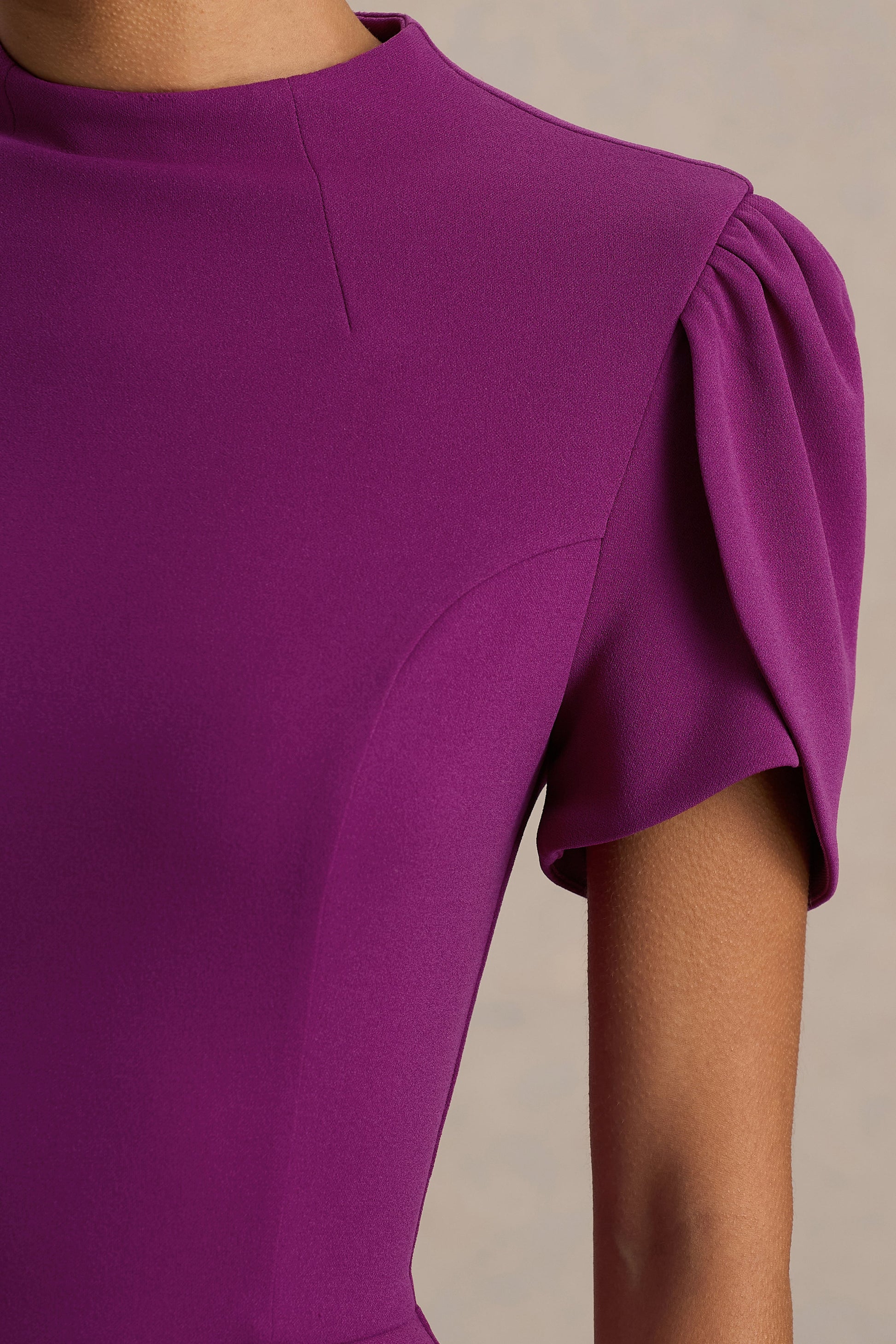 Vicky | Plum High Neck Midi Dress With Puff Sleeves