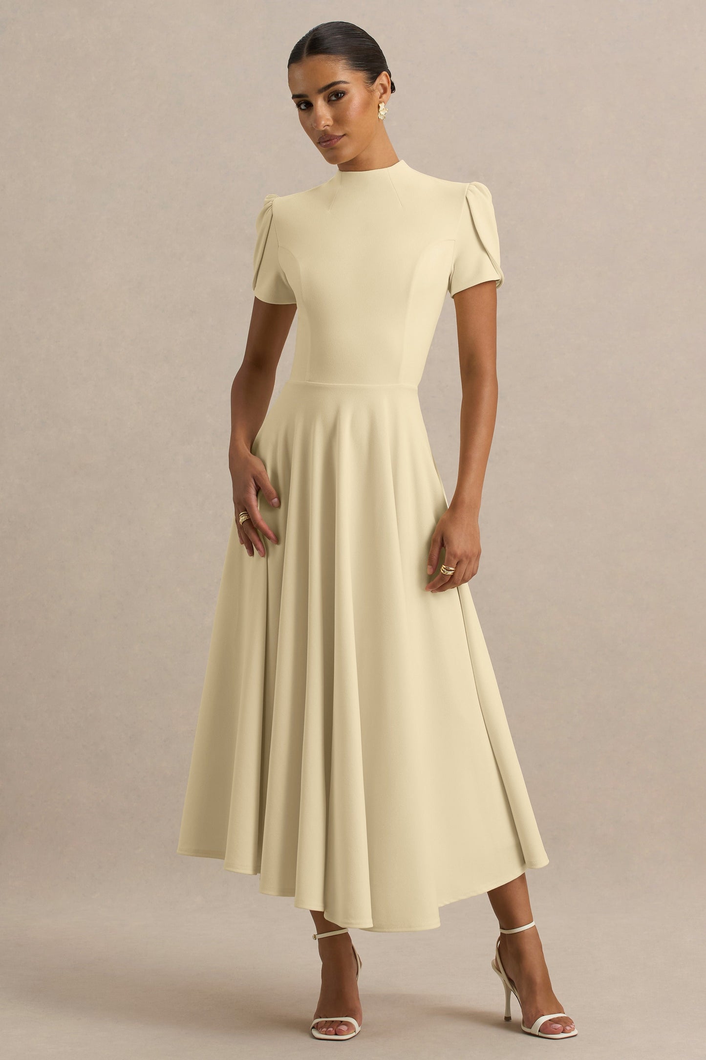 Vicky | Lemon High Neck Midi Dress With Puff Sleeves