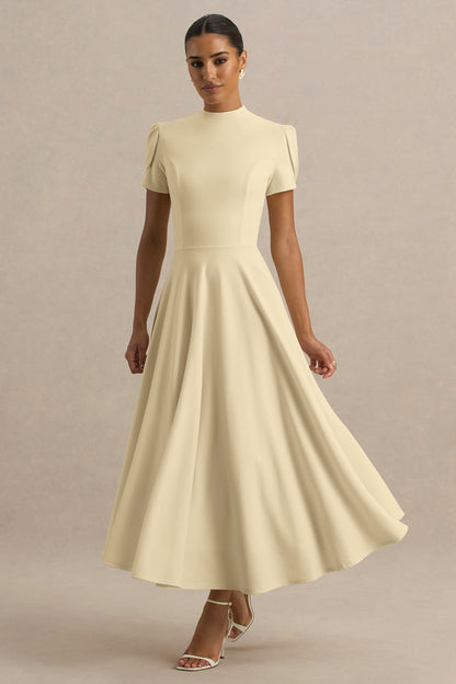 Vicky | Lemon High Neck Midi Dress With Puff Sleeves