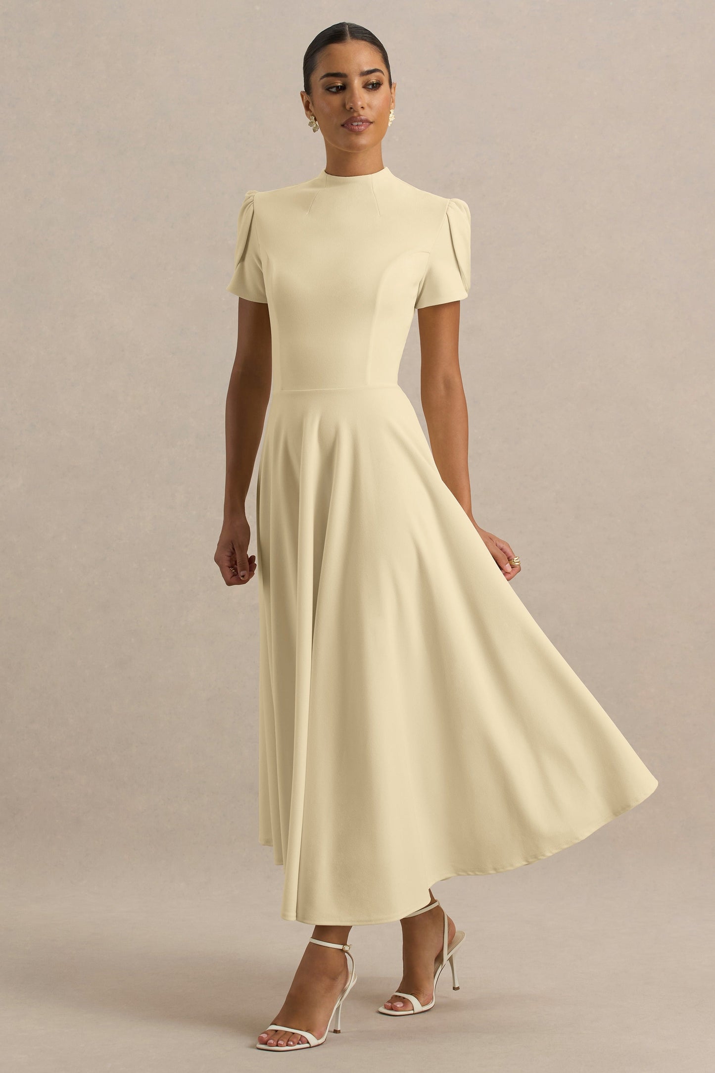 Vicky | Lemon High Neck Midi Dress With Puff Sleeves