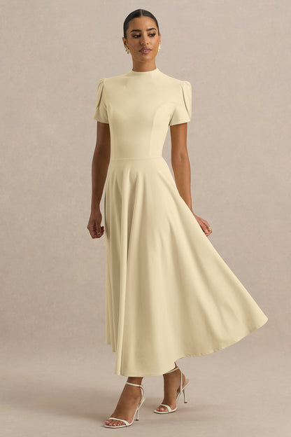 Vicky | Lemon High Neck Midi Dress With Puff Sleeves