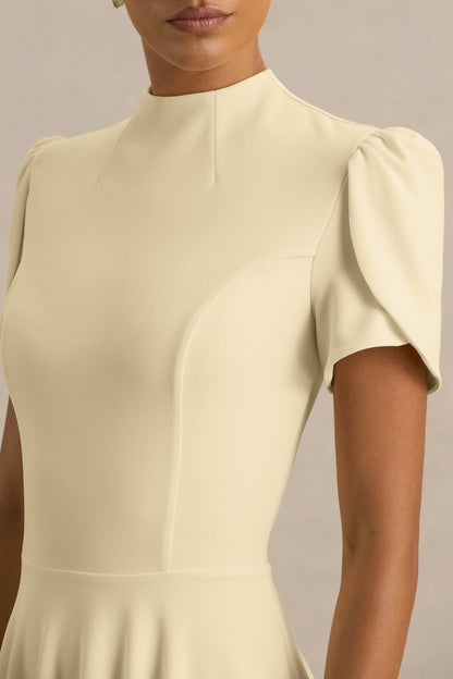Vicky | Lemon High Neck Midi Dress With Puff Sleeves