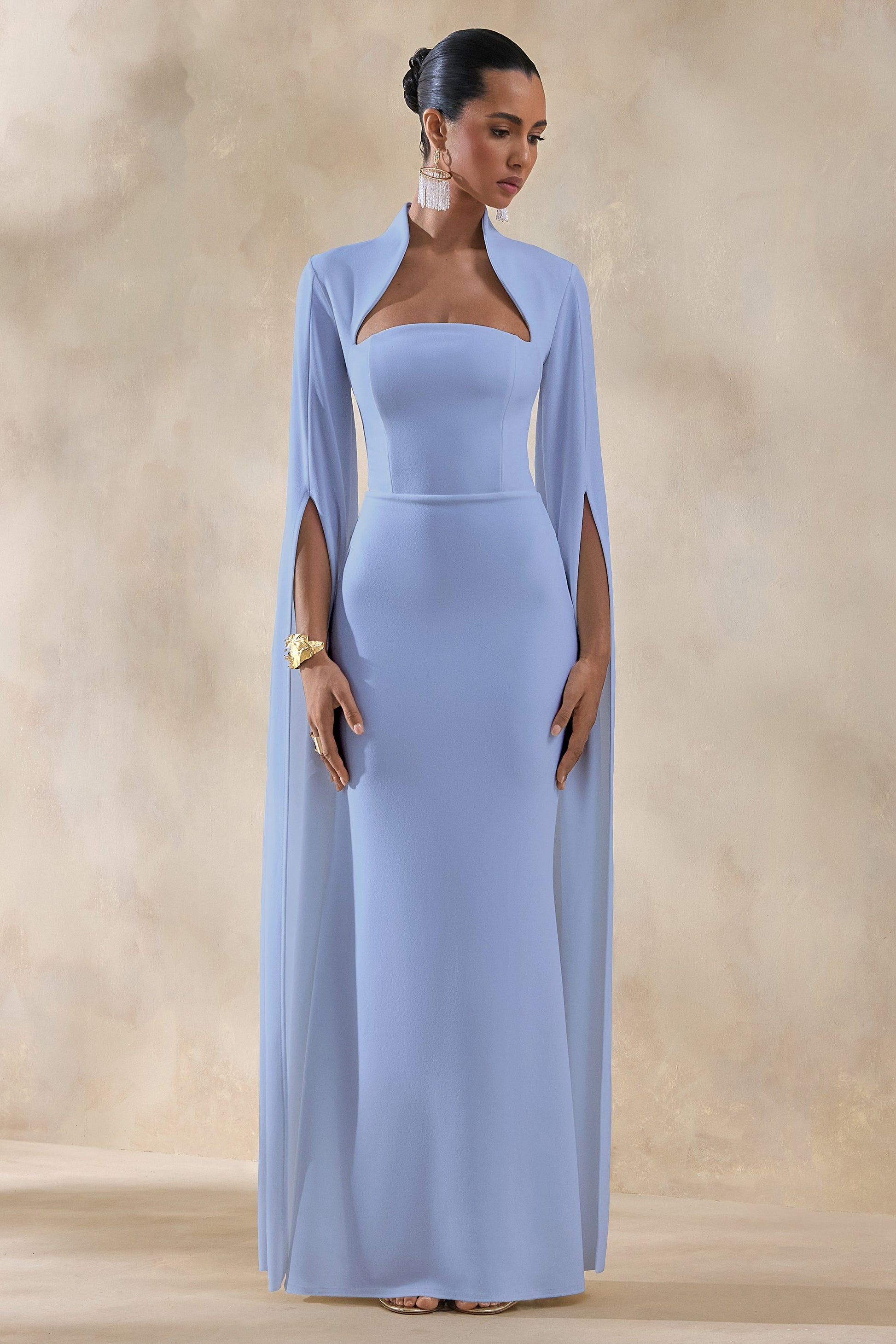 Esme | Light Blue Square-Neck Maxi Dress With Cape Sleeves