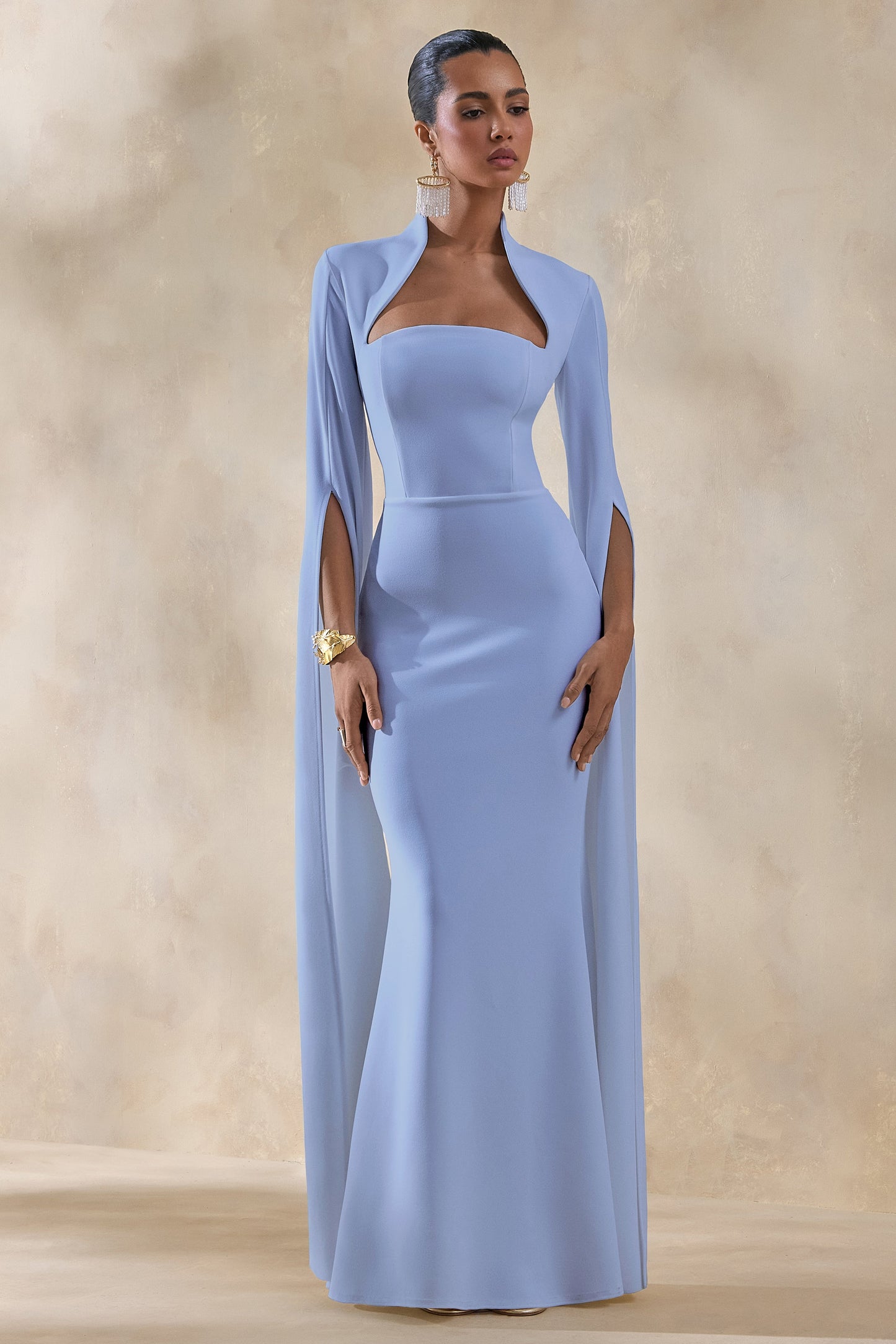 Esme | Light Blue Square-Neck Maxi Dress With Cape Sleeves
