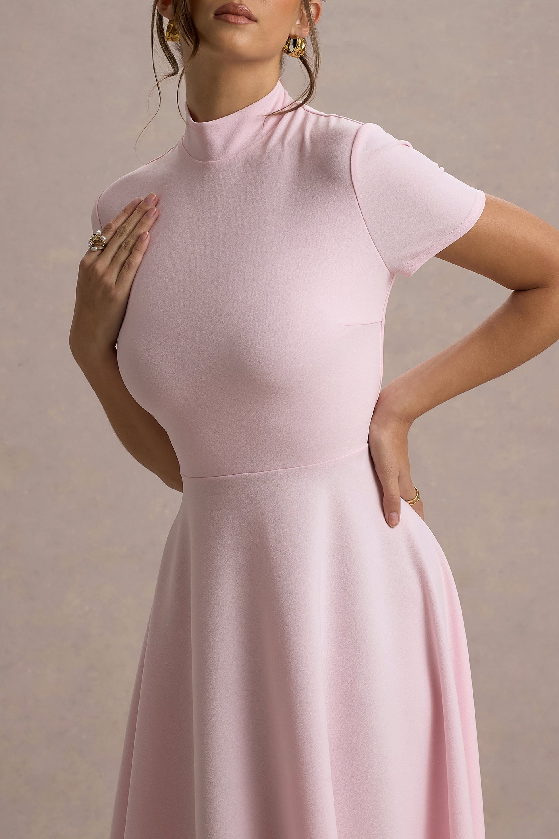 Bellona | Pink High-Neck High-Low Midi Dress
