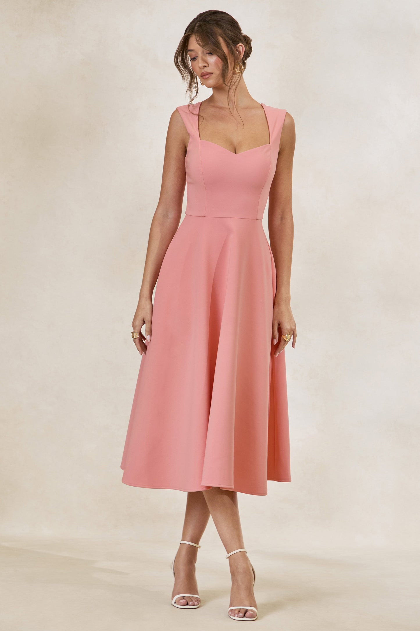 Andromeda | Coral Sweetheart-Neck Midi Dress