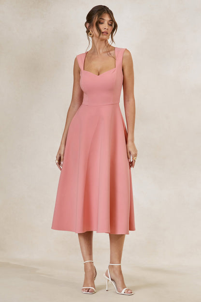 Andromeda | Coral Sweetheart-Neck Midi Dress