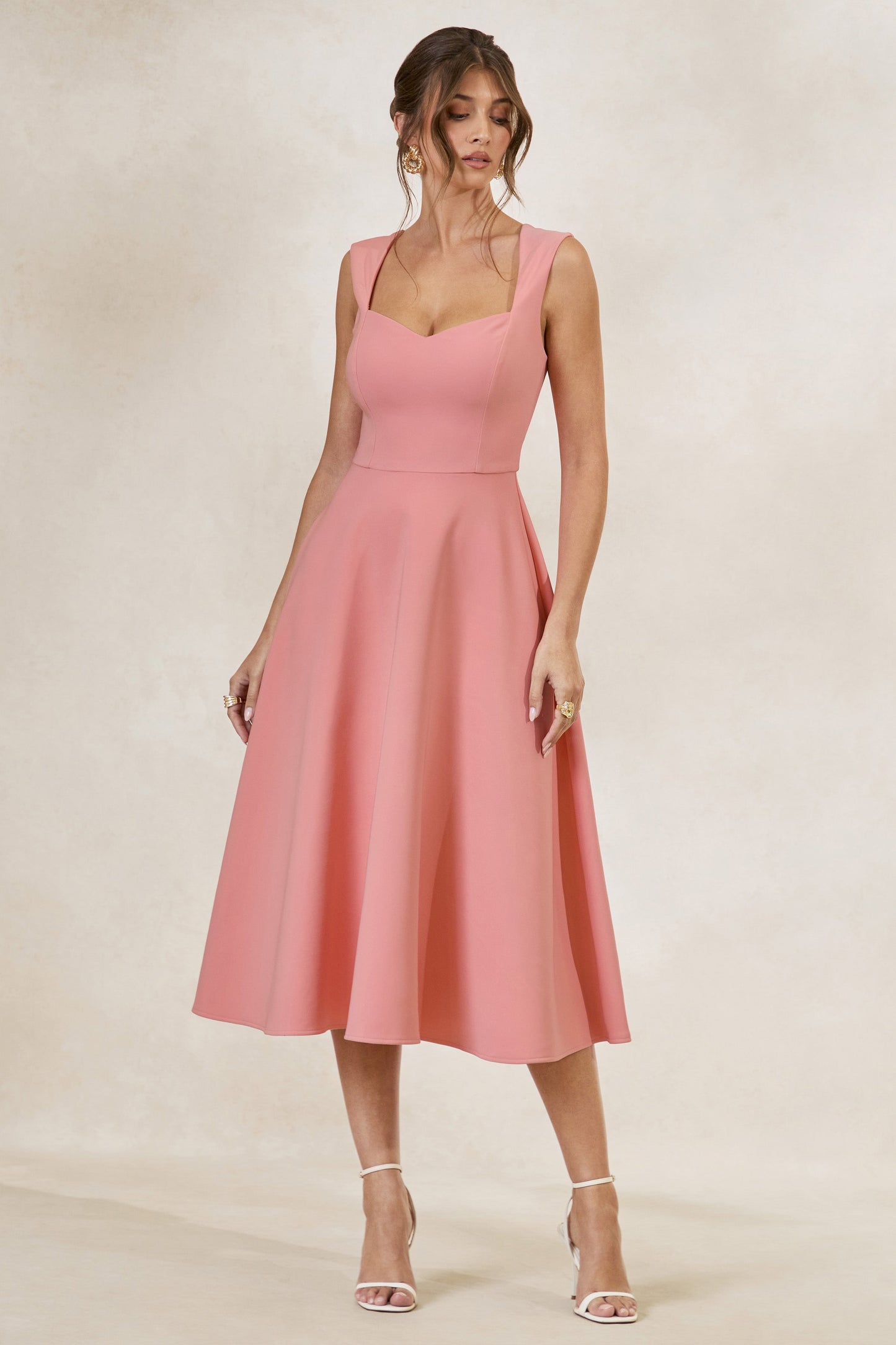 Andromeda | Coral Sweetheart-Neck Midi Dress