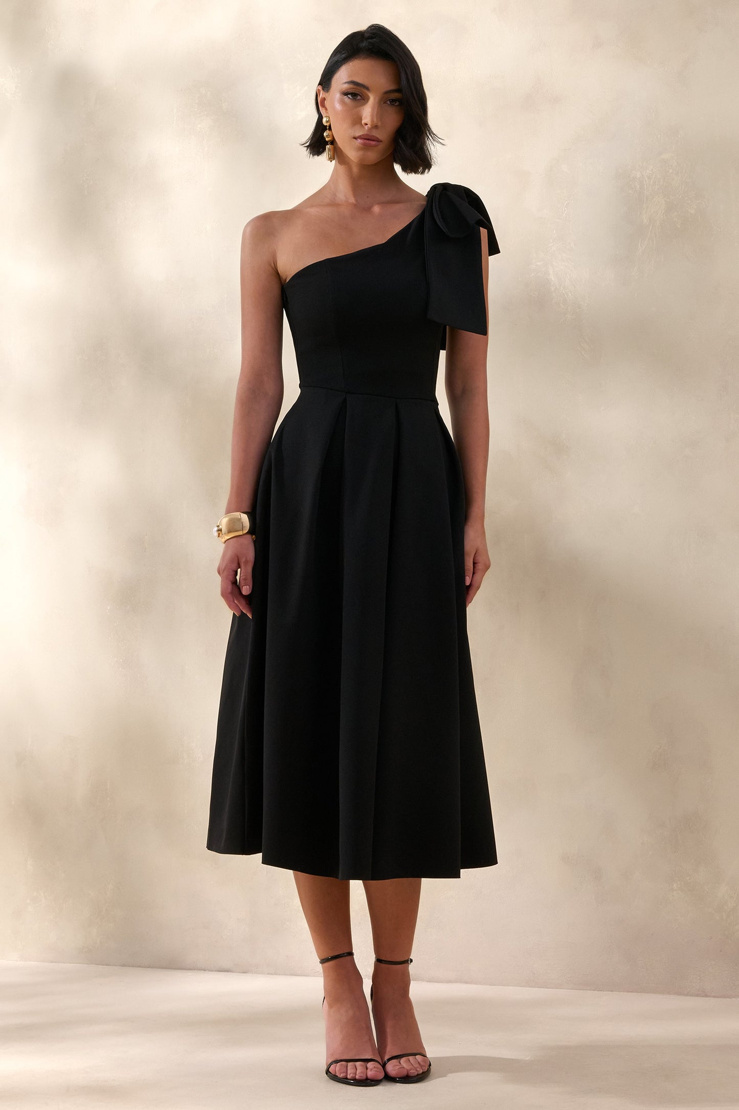 Meria | Black Asymmetric-Neck Midi Dress With Bow-Sleeve