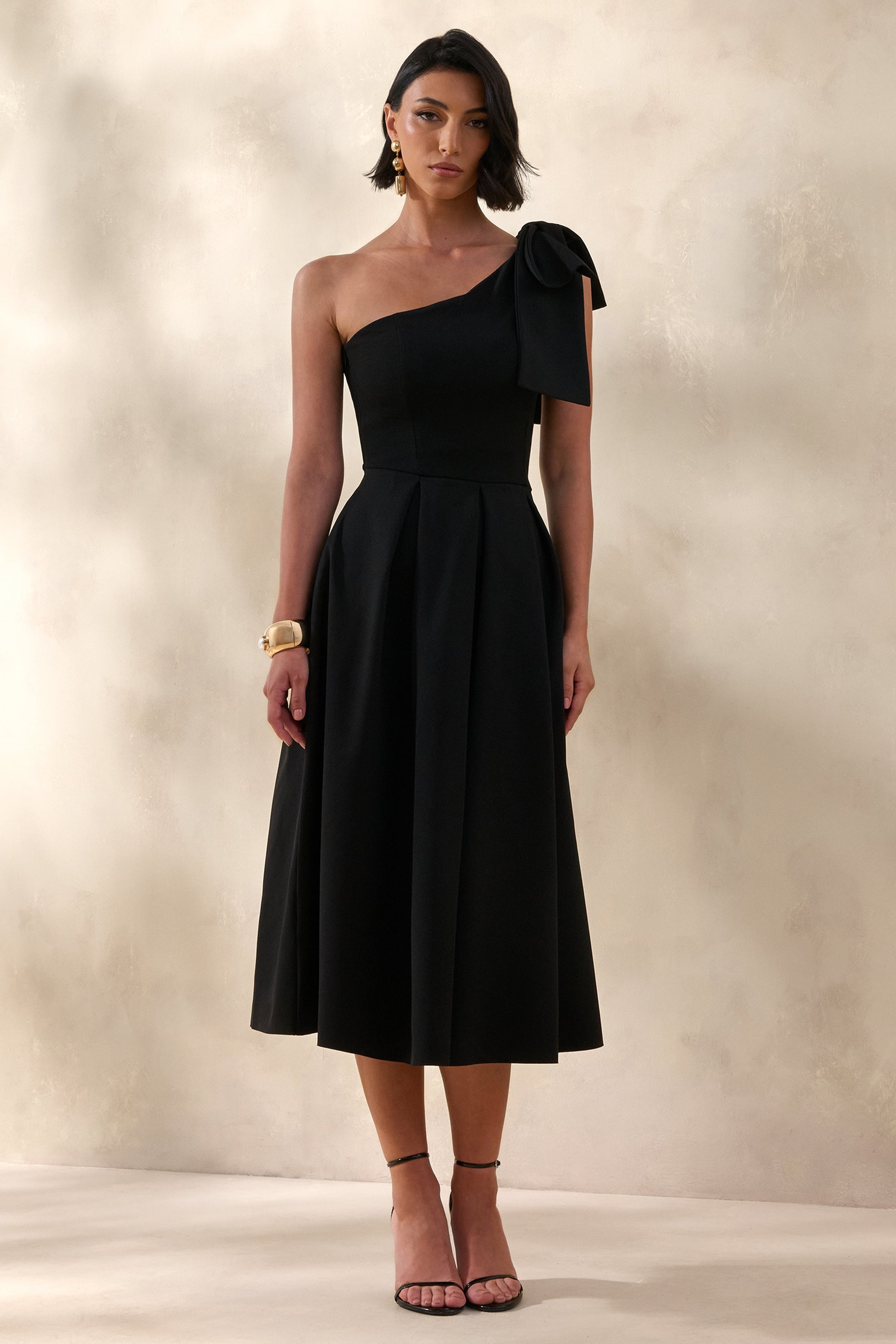 Meria | Black Asymmetric-Neck Midi Dress With Bow-Sleeve