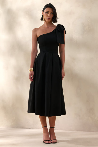 Meria | Black Asymmetric-Neck Midi Dress With Bow-Sleeve