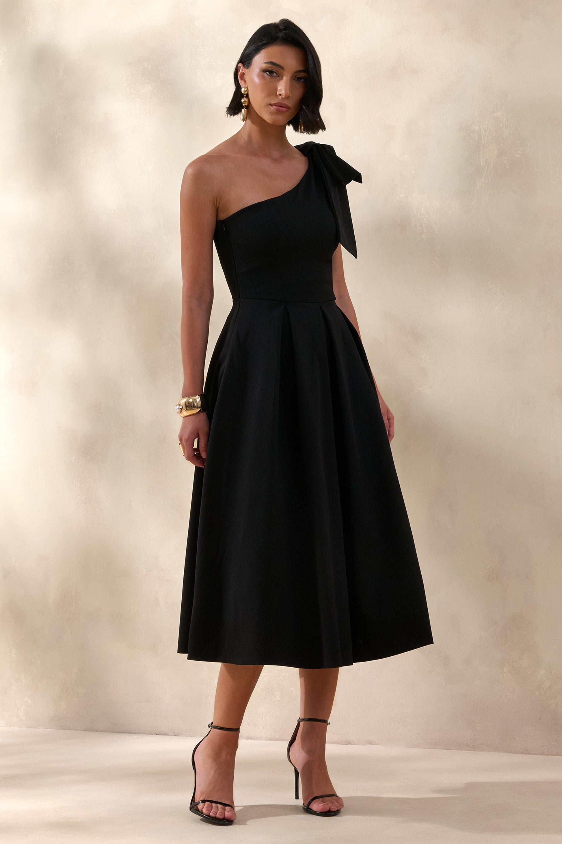 Meria | Black Asymmetric-Neck Midi Dress With Bow-Sleeve