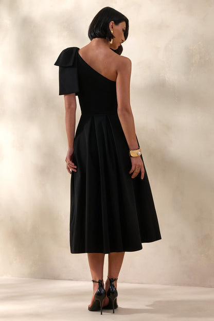 Meria | Black Asymmetric-Neck Midi Dress With Bow-Sleeve