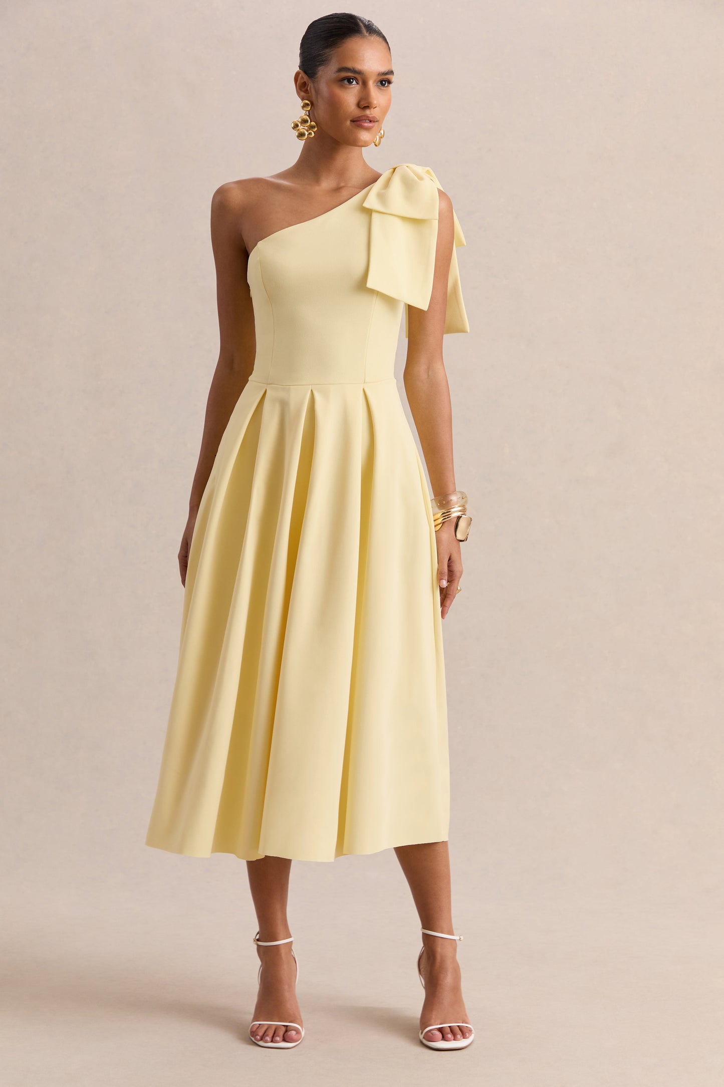 Meria | Lemon Asymmetric-Neck Midi Dress With Bow-Sleeve