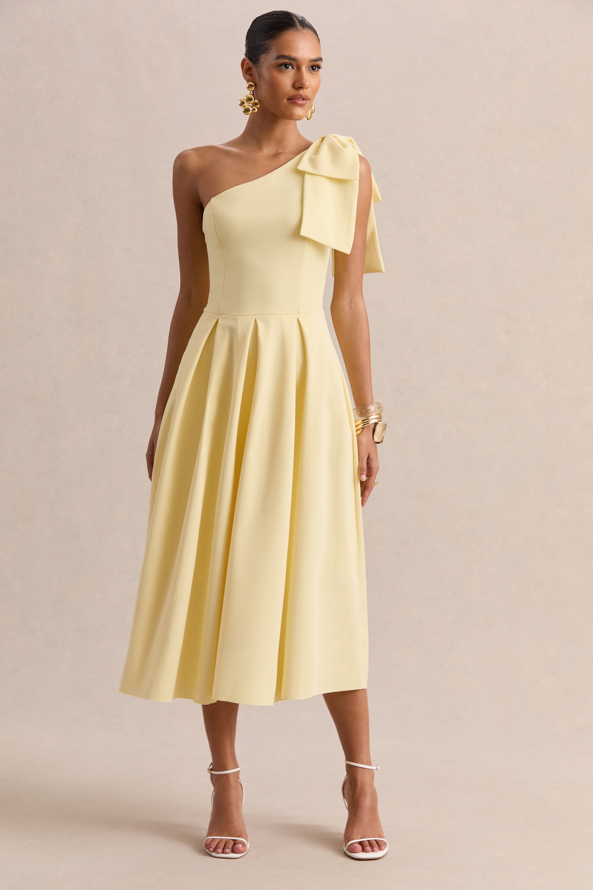 Meria | Lemon Asymmetric-Neck Midi Dress With Bow-Sleeve