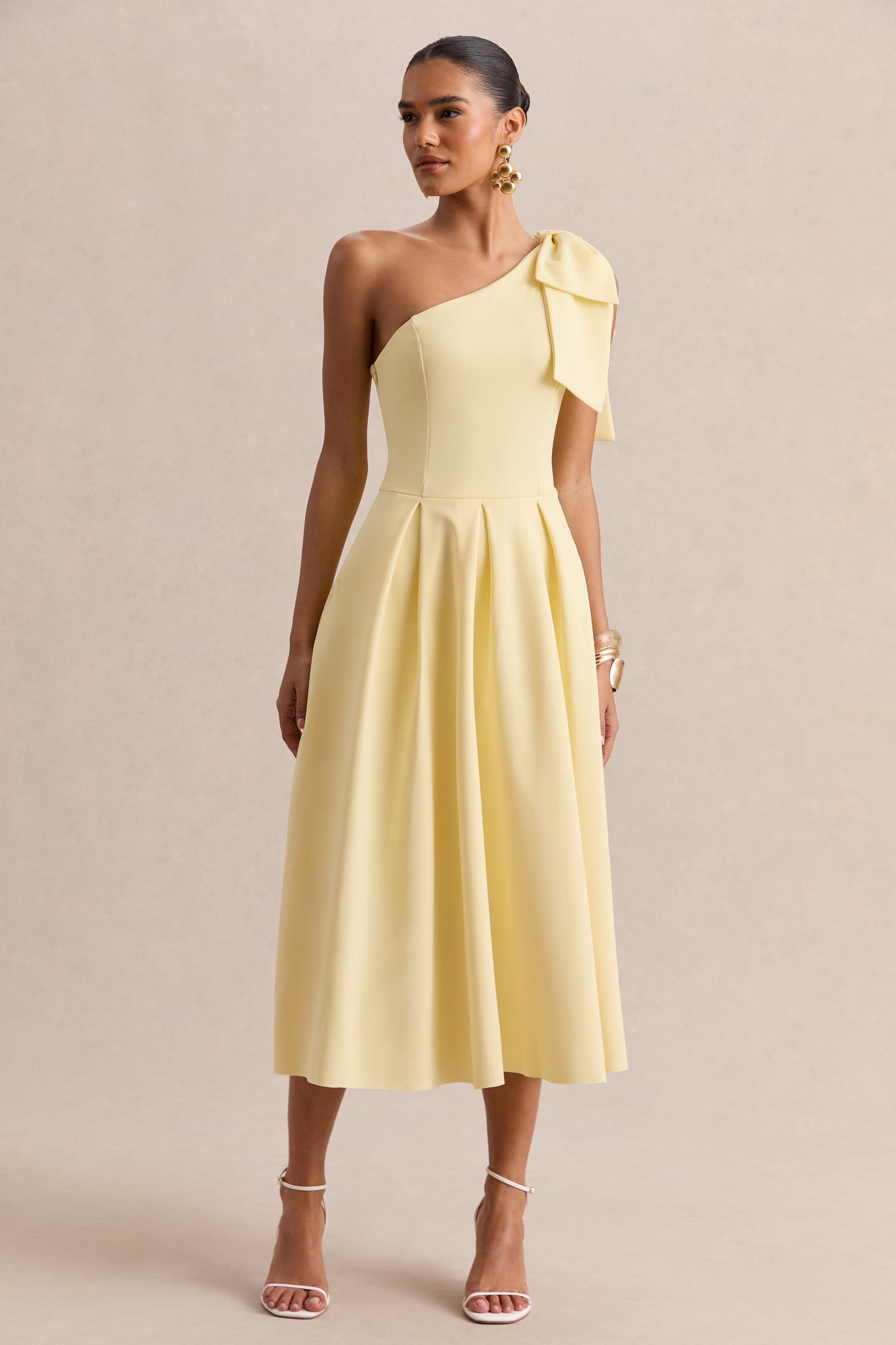 Meria | Lemon Asymmetric-Neck Midi Dress With Bow-Sleeve