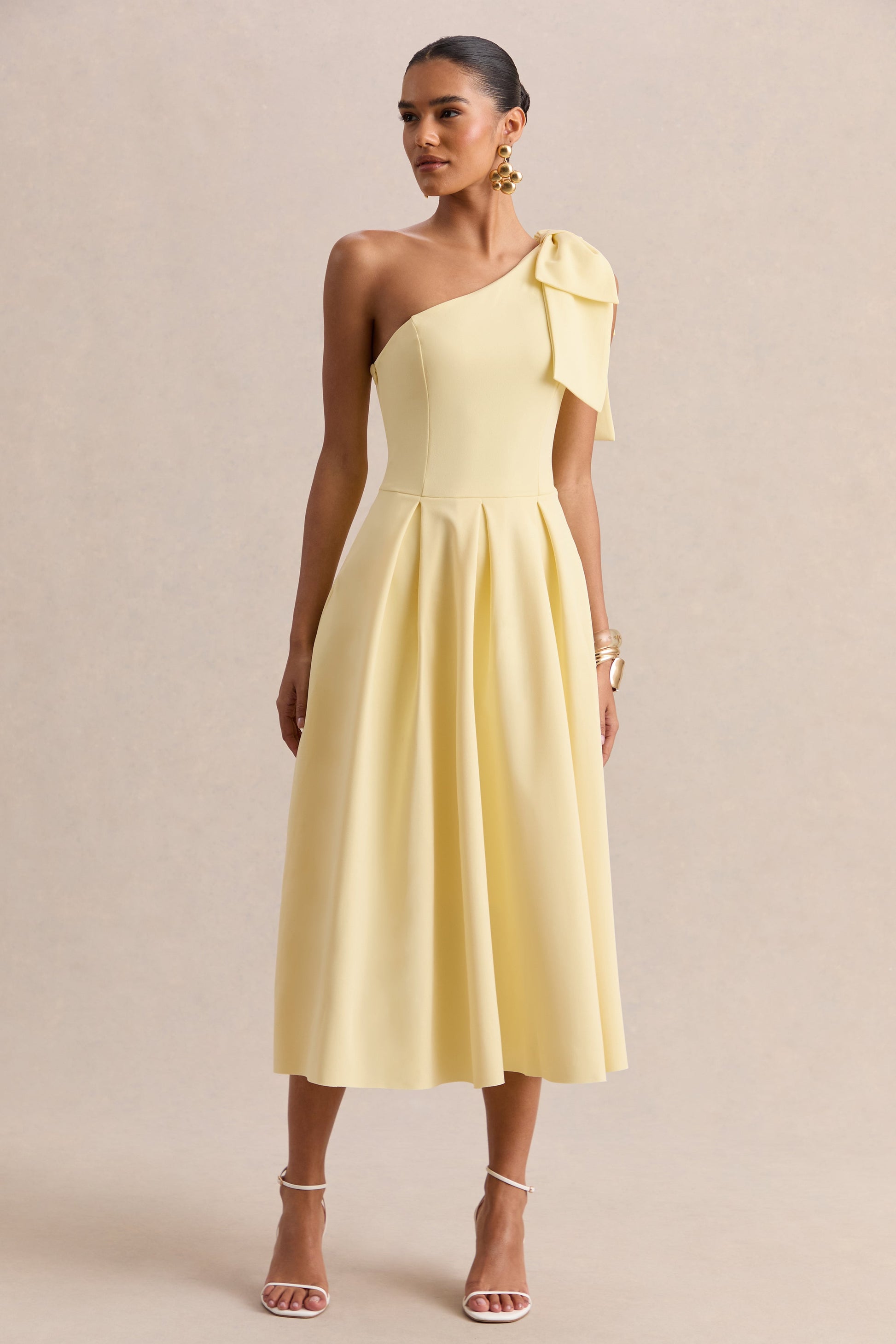 Meria | Lemon Asymmetric-Neck Midi Dress With Bow-Sleeve