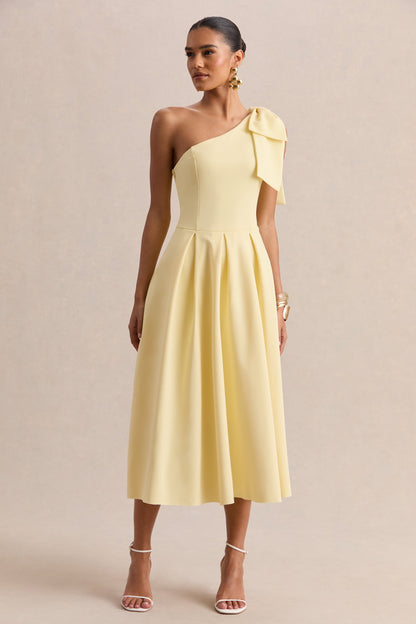 Meria | Lemon Asymmetric-Neck Midi Dress With Bow-Sleeve